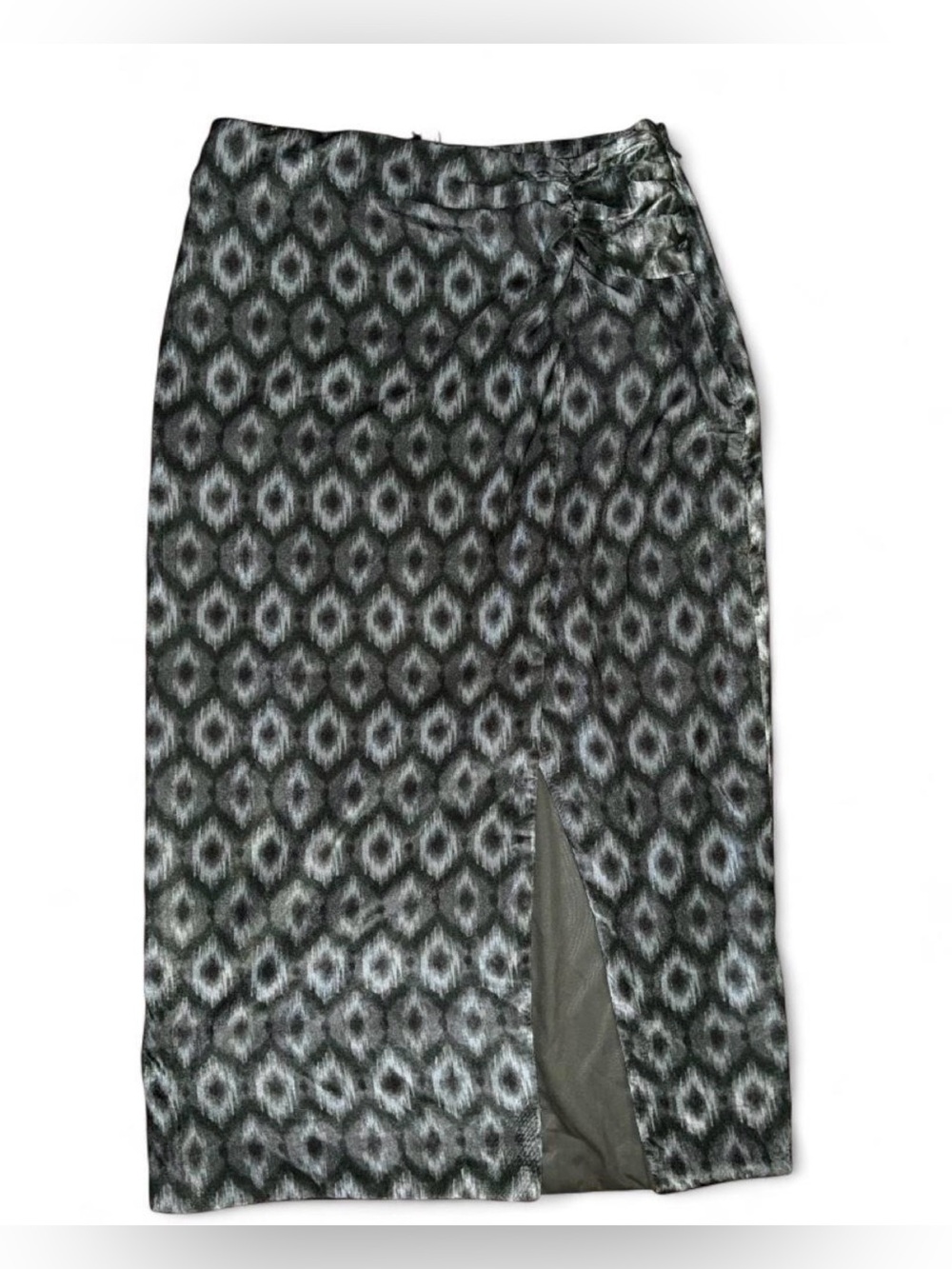 Zara Satin Geometric Midi Skirt Black Gray Front Slit